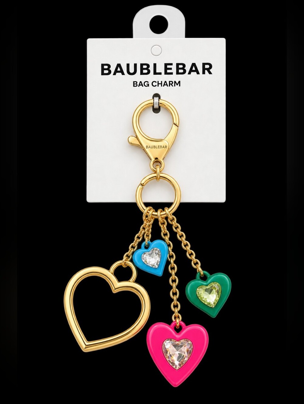 BaubleBar Gold Heart Bag Charm with Pink, Blue, and Green Hearts